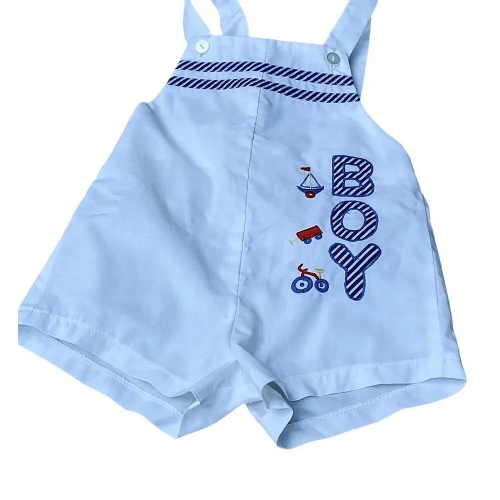 Vintage shortalls Boy 18 Mo. with sailboats poplin white nautical